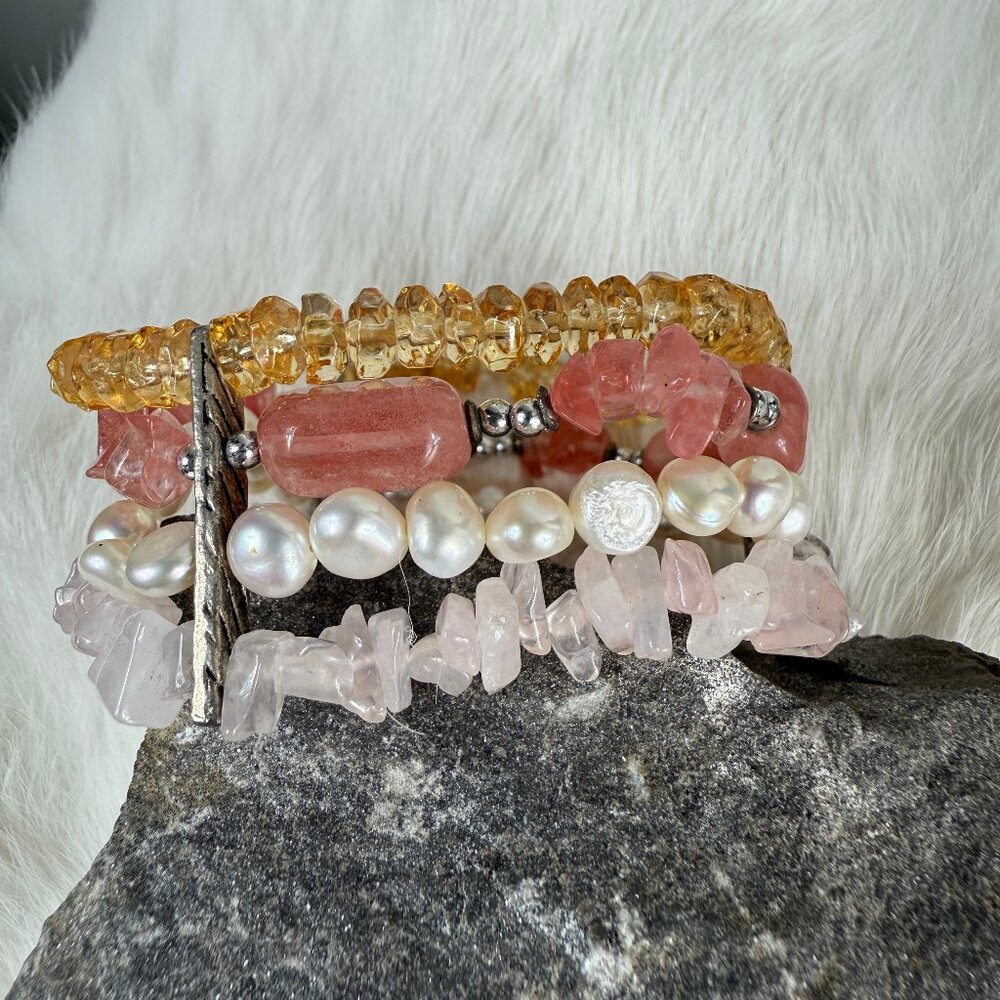 Four Strand Real Pearl, Glass and Quartz Stretch Bracelet